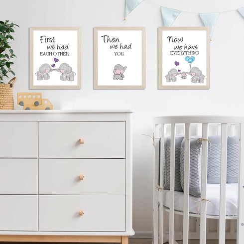 KAIRNE Watercolor Elephant Family Framed Canvas Wall Art ,First We Had Each Other Quote Art Print,Nursery Animal Love