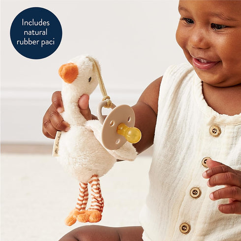 Set 0-6 Itzy Ritzy Pacifier & Lovey - Natural Rubber Paci with Stuffed Animal - Detachable Plush Goose Pacifier Holder