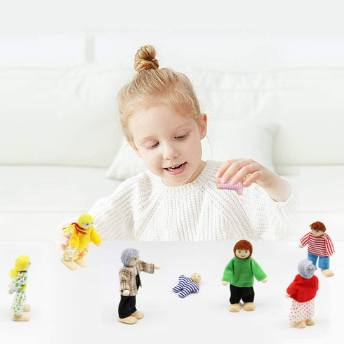 Lovely Happy Dollhouse Dolls Family Set - 8 Wooden Figures for Children House Pretend Gift
