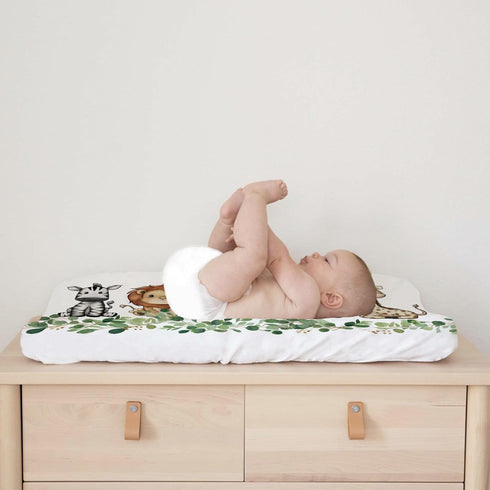 Baby Safari Animals Changing Pad Cover, Cute Lion Elephant Giraffe Zebra, 32"x16" Green Eucalyptus Leaves