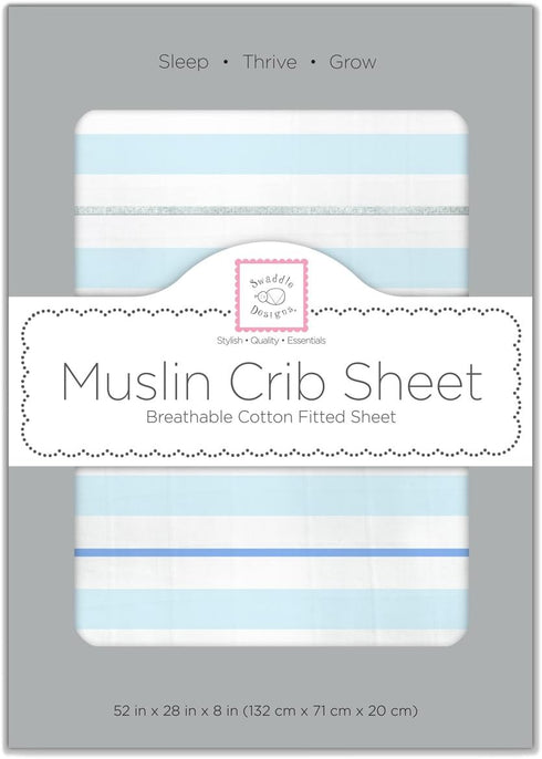 SwaddleDesigns Softest Cotton Muslin Fitted Crib Sheet for Baby Boy & Girl, Blue 3 Color Stripe