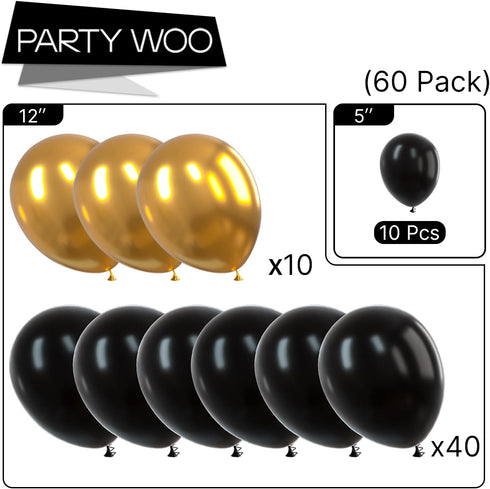 PartyWoo 60 pcs Gold and Black Balloons for Hip Hop, Hollywood, Disco Party Decorations