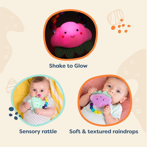 3+ B. toys Baby Light Up Cloud Rattle Rain Glow Squeeze Sensory Development & Comfort - Teething Rattle Toys for Babies