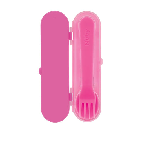 Set Nuby Toddler Utensils with Travel Case - Self-Feeding Fork & Spoon for Kids - Easy-to-Hold Training Utensils