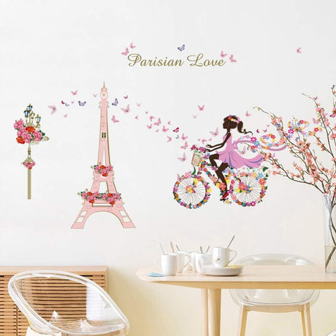 Girl Bicycle Wall Stickers, Flowers Eiffel Tower Wall Decals Mural for Kids Bedroom Living Room