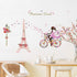 Girl Bicycle Wall Stickers, Flowers Eiffel Tower Wall Decals Mural for Kids Bedroom Living Room