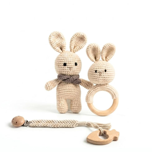Generic Organic Crochet Bunny Baby Rattle Toy - Handmade Newborn Gift Set with