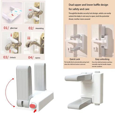 QL-LINRUN No-Drill Door Lever Lock Child Proof, Heavy Duty Adhesive Pet Safety Gate for Toddlers, Baby Proofing No
