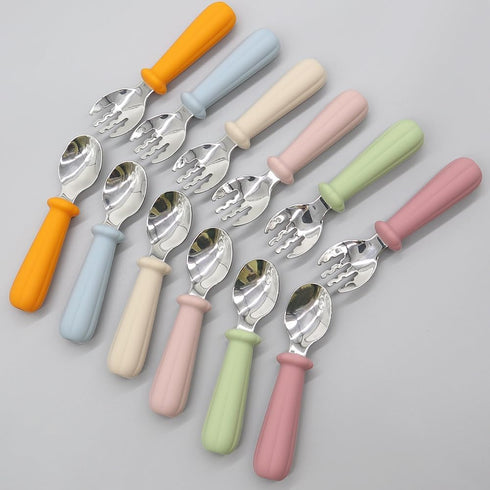 Toddler Utensils, Baby Spoons Self Feeding, Stainless Steel Silverware with BPA Free Silicone Easy Grip, Set of 2