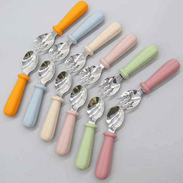 Toddler Utensils, Baby Spoons Self Feeding, Stainless Steel Silverware with BPA Free Silicone Easy Grip, Set of 2