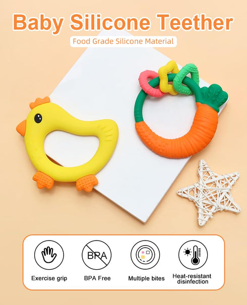 3 Baby Teether with Easy-Hold Handle, Silicone, BPA-Free, Soothe Sore Gums, Textured for Sensory Development, Teethable