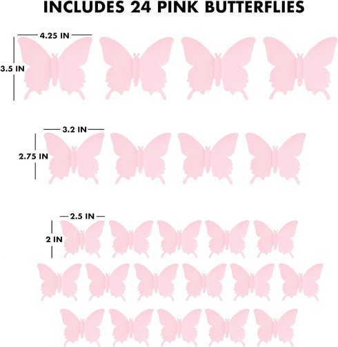 24 Cute Pink Butterfly Wall Decor pcs, Girls Room Wall Decals, Danish Pastel Aesthetic Butterflies Stickers for Nursery