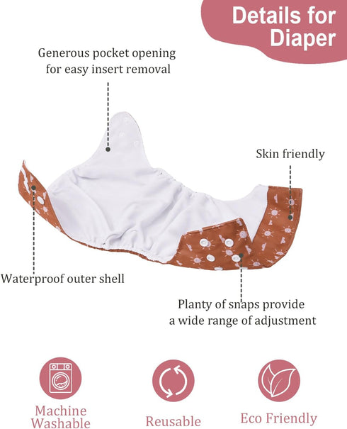 Tummy Pack 13, 6 6 babygoal AWJ Cloth Diapers with Panel of Diaper Cover with Inserts and Wet Dry Bag, Adjustable