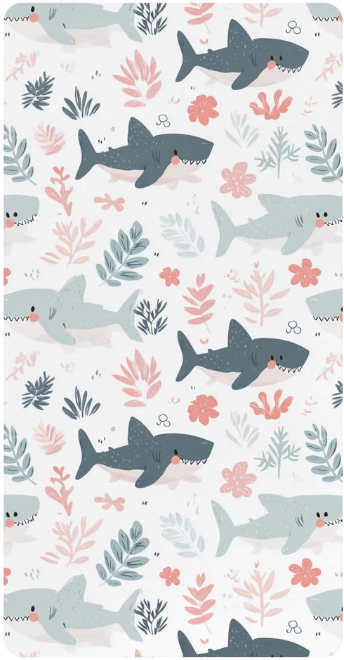 miaozhen Cotton Baby Crib Sheets Comfy Breathable Cute Cartoon Tropical Shark White Toddler