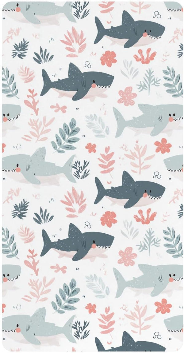 miaozhen Cotton Baby Crib Sheets Comfy Breathable Cute Cartoon Tropical Shark White Toddler