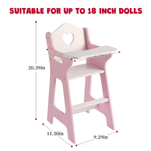 PHOKID 18" Doll High Chair for Pretend Play - Wooden Doll Furniture with Safety Belt, Footrest & Flower Backrest
