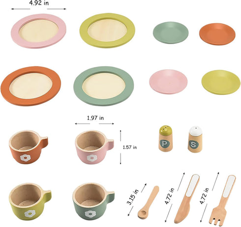 27PCS Set, Giant bean Wooden Toy Plates and Dishes for Kitchen Wooden Play Kitchen Accessories for Girls and Boys