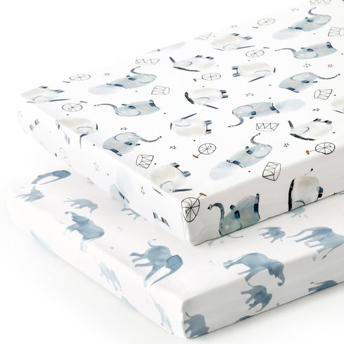 Pack n Play Sheets FItted 2 Pack, Stretchy Ultra Soft Jersey Knit Pack and Play Sheets, Universal Fitted Portable/Mini Crib Mattresses Snug and Safe, Cute Elephant Print for Boys and Girls by GRSSDER