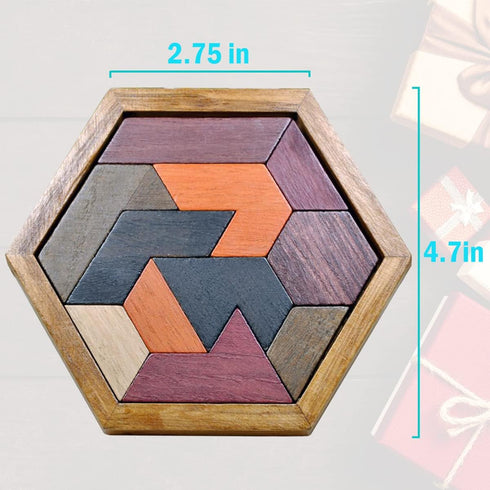 KINGOU Hexagon Tangram Puzzle, Wooden Brain Puzzles for Kids & Adults, Challenge Wooden Brain Teasers
