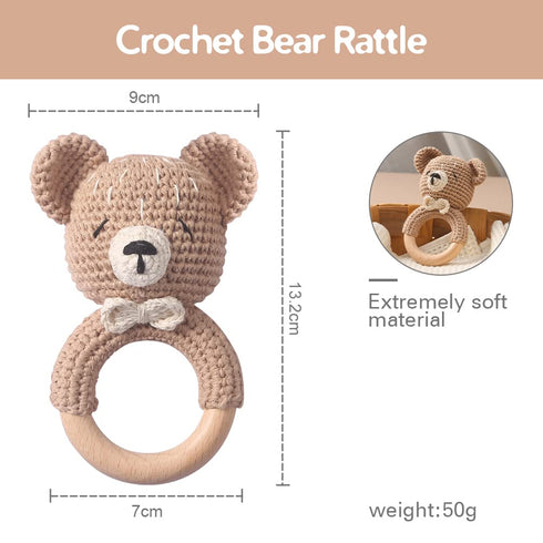 Wooden Baby Rattle Toddler Lovely Crochet Kahki Bear Ring Rattle, Newborn Animal Rattle Toys for Soothing