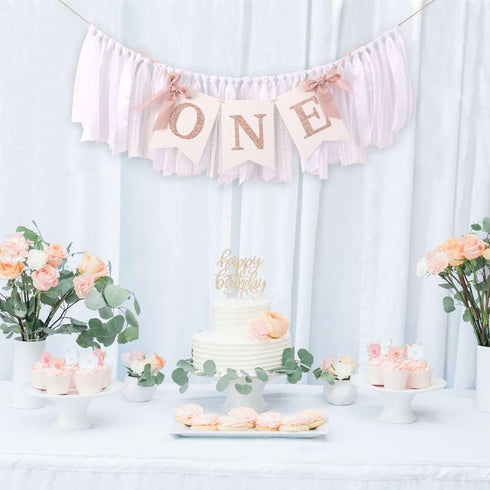 TUTOTU 1st Rose Gold Blush & White Birthday Banner - Highchair Banner, Party Decoration