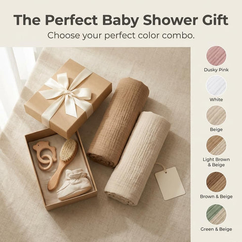 Pack 2 Cozy Set, 40x40 Inches Tummy Muslin Swaddle Blankets of Light Brown & Beige Neutral Baby Blankets, Muslin Baby