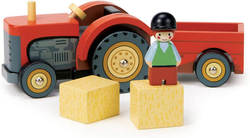 18m+ Tender Leaf Toys - Farmyard Tractor - Wooden Tractor Toy with Removeable Trailer, Animals and Accessories