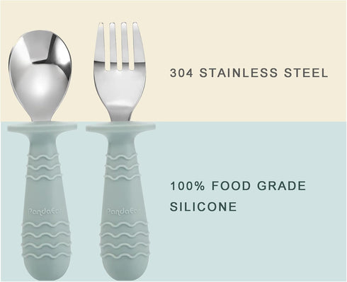 PandaEar 4 Set Baby Toddler Silicone Stainless Steel Utensils, Spoon Fork for Baby Toddler, BPA Free Anti-Choke Design