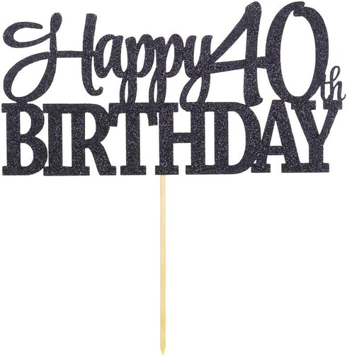 PALASASA Black Glitter Happy 40th Birthday Cake Topper, 40 Anniversary Party Decoration