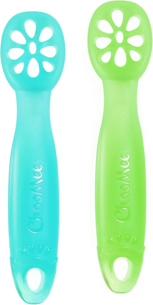 ChooMee FlexiDip Silicone Baby Learning Utensil, Flat Head Spoon with Firm Handle, Designed in USA, BPA Free, 2 CT Aqua