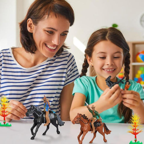 Western Figures Horse Carriage Model Playset, Plastic West Figurines Riding Horse Action Figure Educational Toys for