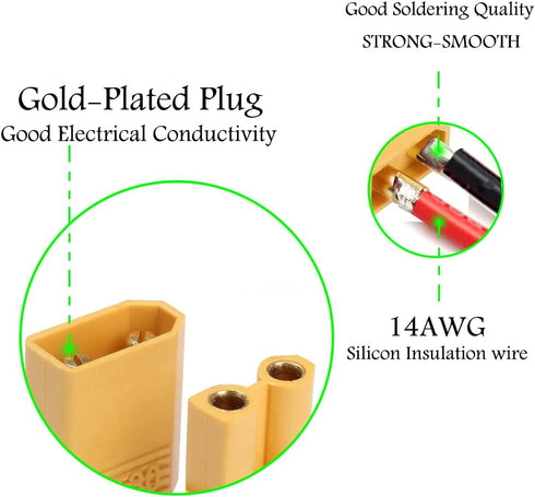 5 Pairs XT60 Connector Adapter, Male and Female Plug with 10cm 14AWG Silicone Wire for RC Lipo Battery