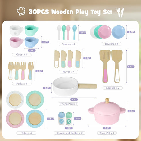 Set, 30PCS Set 3-8 SimpliPlay Wooden Toy Plates and Dishes for Kitchen Montessori Play Kitchen Accessories for Toddlers