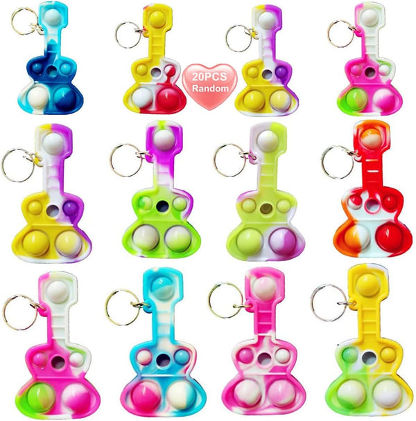 20 Packs Rainbow Bulk Music Mini Pop Guitar Bubble Fidget Keychain Gift for Holiday Kids Boys Girls Beach Party Favors