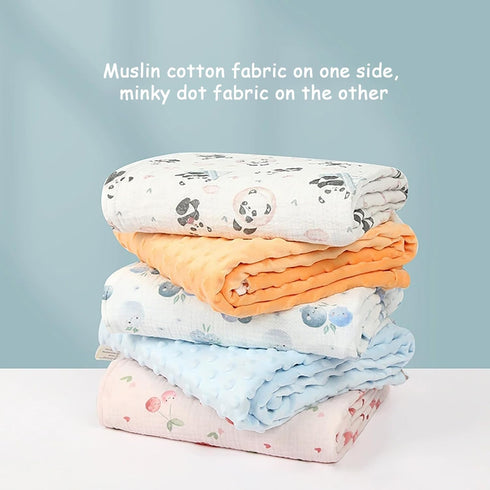 illikkuyax Baby Boys Girls Minky Blanket with Muslin Cotton Front and Dotted Fleece Backing, Soft Nursery Receiving