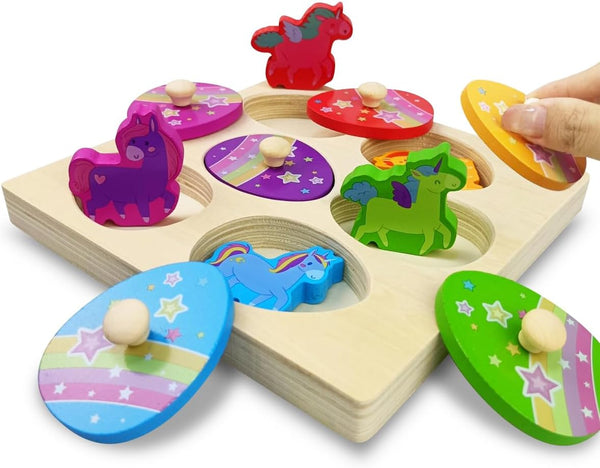 Pinkiwine Unicorn Wooden Peg Puzzles Montessori Educational Toys for Kids Toddlers Easter Basket
