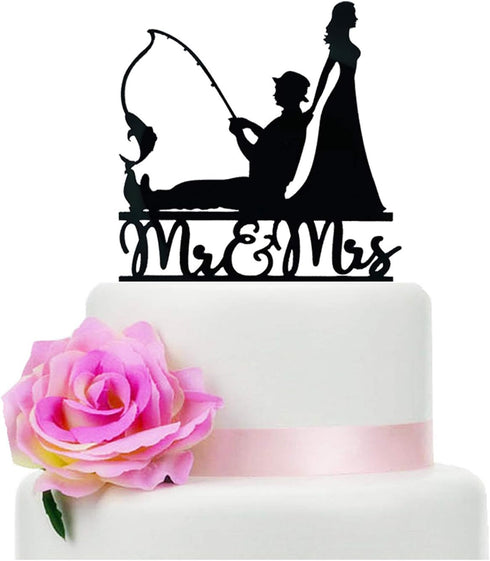 YzYbuaego Black Fishing Wedding Cake Topper, Mr & Mrs, Fishing Theme for Wedding/Engagement/Bridal Shower
