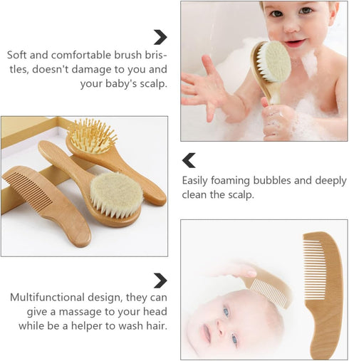 Set FRCOLOR Wooden Handle Hair Brush and Comb with Soft Wool Bristles for Newborn Scalp Care and Bathing Grooming Kit