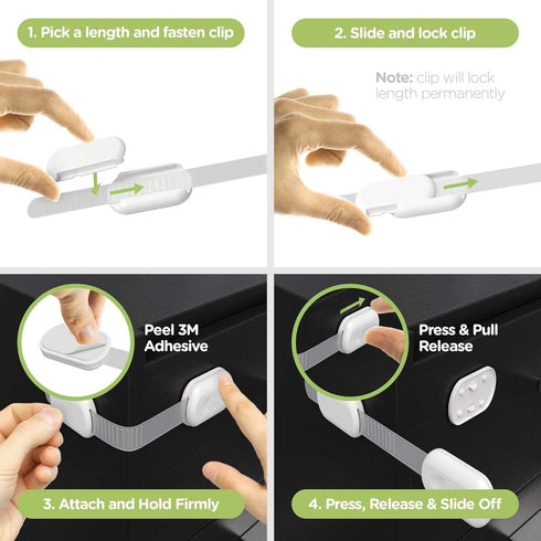JJ MarketFlow 10-Pack 3M Child Proof Safety Strap Locks - No Drill Cabinet Locks Baby Proofing, Adhesive for Drawers