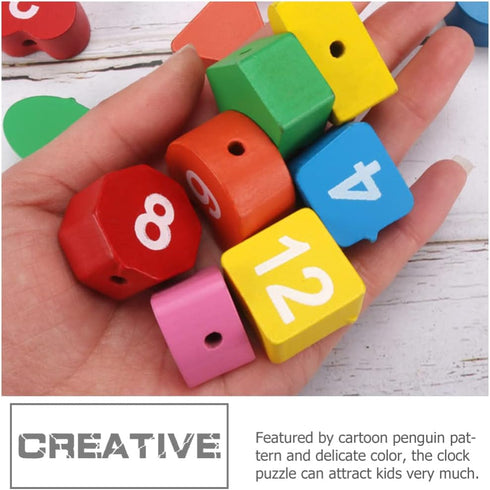 Clock Toy Wooden Teaching Clock, Penguin Pattern Educational Toys for Toddlers Teaching Time Number Puzzle Stacking.
