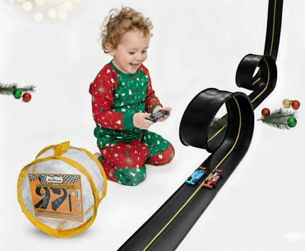 FLXTRACK Flexible Race Car Track Set, with Pressure Suction Cup, 2 Small racecars,
