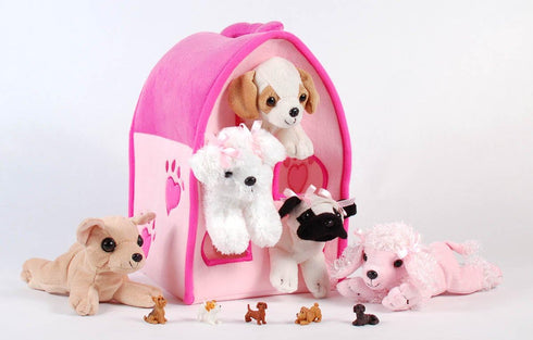 Unipak SFS Gift Bundle - 12" Plush Pink Dog House with 5 Stuffed Animal Dogs & 5 Mini Puppy Figures