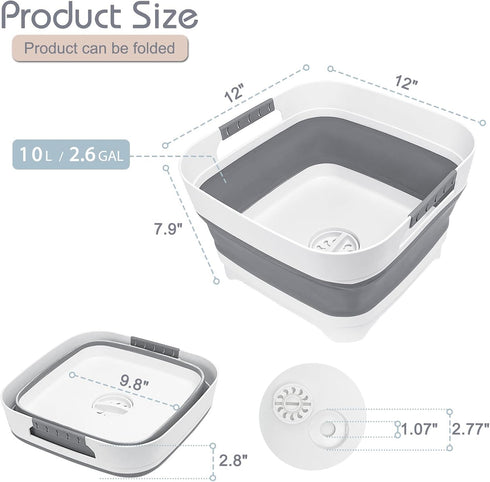 2.4 Gal(9L) Collapsible Wash Basin with Drain Plug,Dishpan for Soaking Baby Bottles,Portable Sink Tub,Ice Beverage Tubs