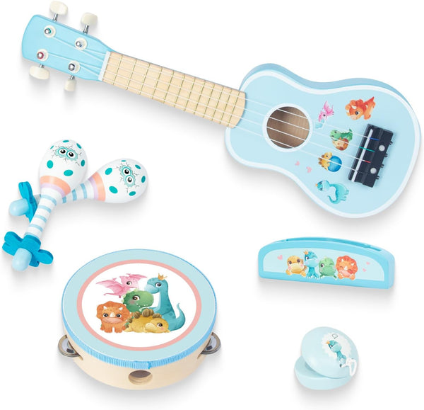 Kids Guitar for Girls, Wooden Musical Instruments Toys with Ukulele, Tambourine, Maracas, Harmonica, Mini Band Sets for