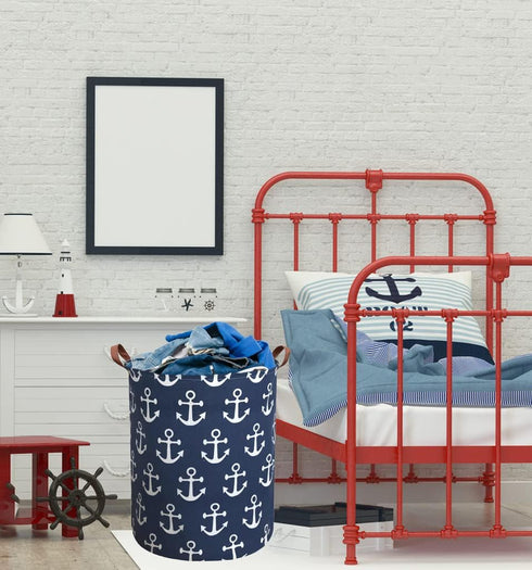 Kids Hamper, Collapsible Waterproof Laundry Baskets with Leather Handle, Nautical Decor, Toy Organizer (Navy Blue