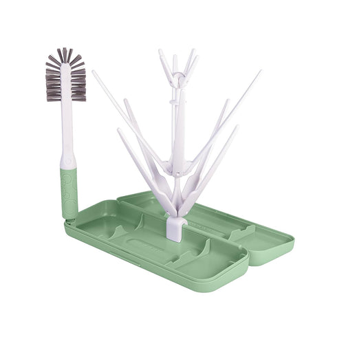 Ubbi On-The-Go Drying Rack and Brush Set, includes Travel Case and Bottle Brush for Compact Storage, Sage