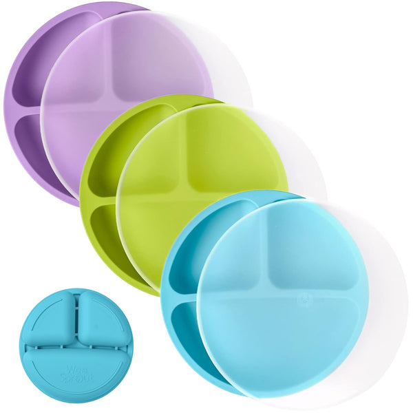 WeeSprout Silicone Plates with Lids for Babies & Toddlers, 3 Pack, Dishwasher & Microwave Safe