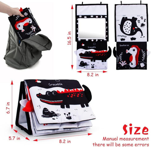 Tummy Time Mirror with Soft Book, Black and White High Contrast Baby Toys for Crawling