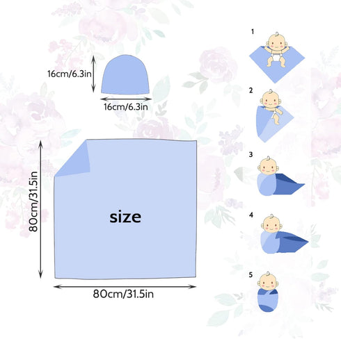 Newborn Swaddle Blanket with Beanie Set, Soft Stretchy Blanket for Baby Boys and Girls, 0-3 Months, Purple Flower