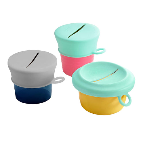 Boon Snug Toddler Snack Containers - 2 Lids and 2 Spill Proof Cups for Home and Travel Essentials (Pink, Blue)